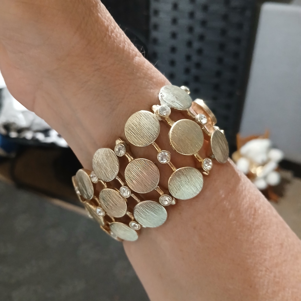 Susan Graver Gold-Tone Textured Disc Stretch Bracelet with Crystals
